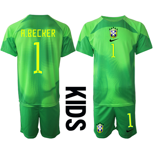 Brasilien Alisson Becker #1 Målvakt Bortaställ Barn VM 2022 Kortärmad (+ Korta byxor)